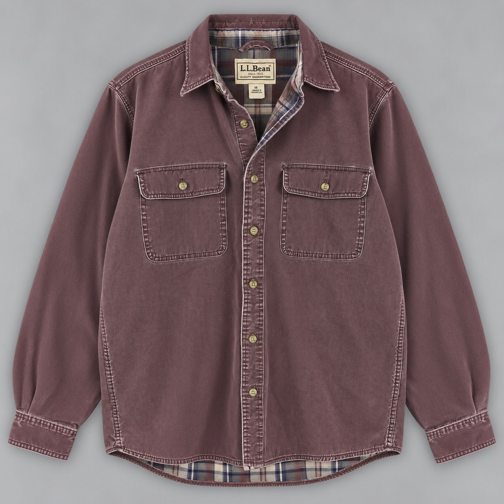 LL Bean Mens Medium Flannel Lined Canvas Shirt Jacket Brown Plaid MS96